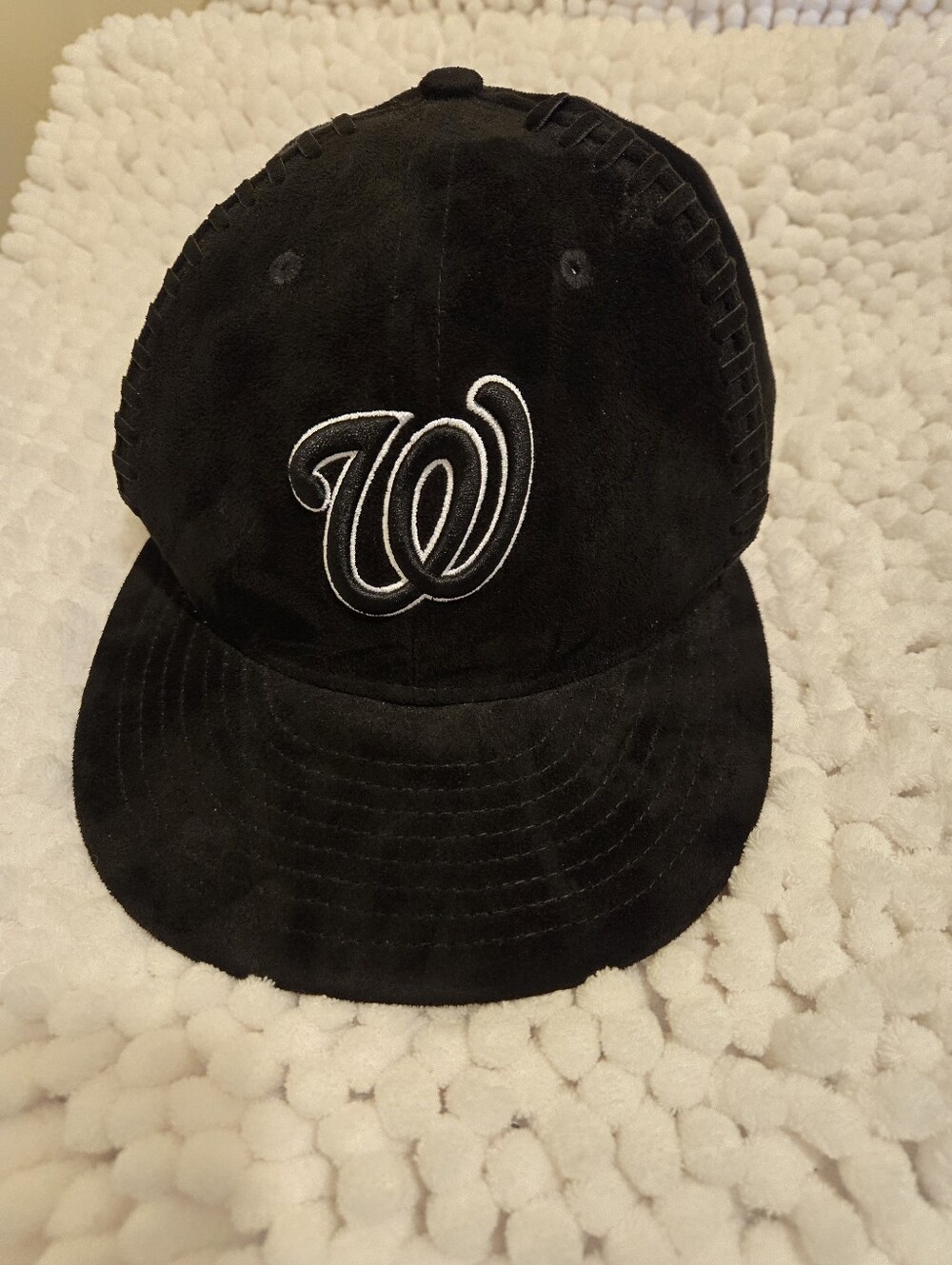 Vintage Faux Suede black New Era 9FIFTY Wash Nationals Snapback baseball cap.